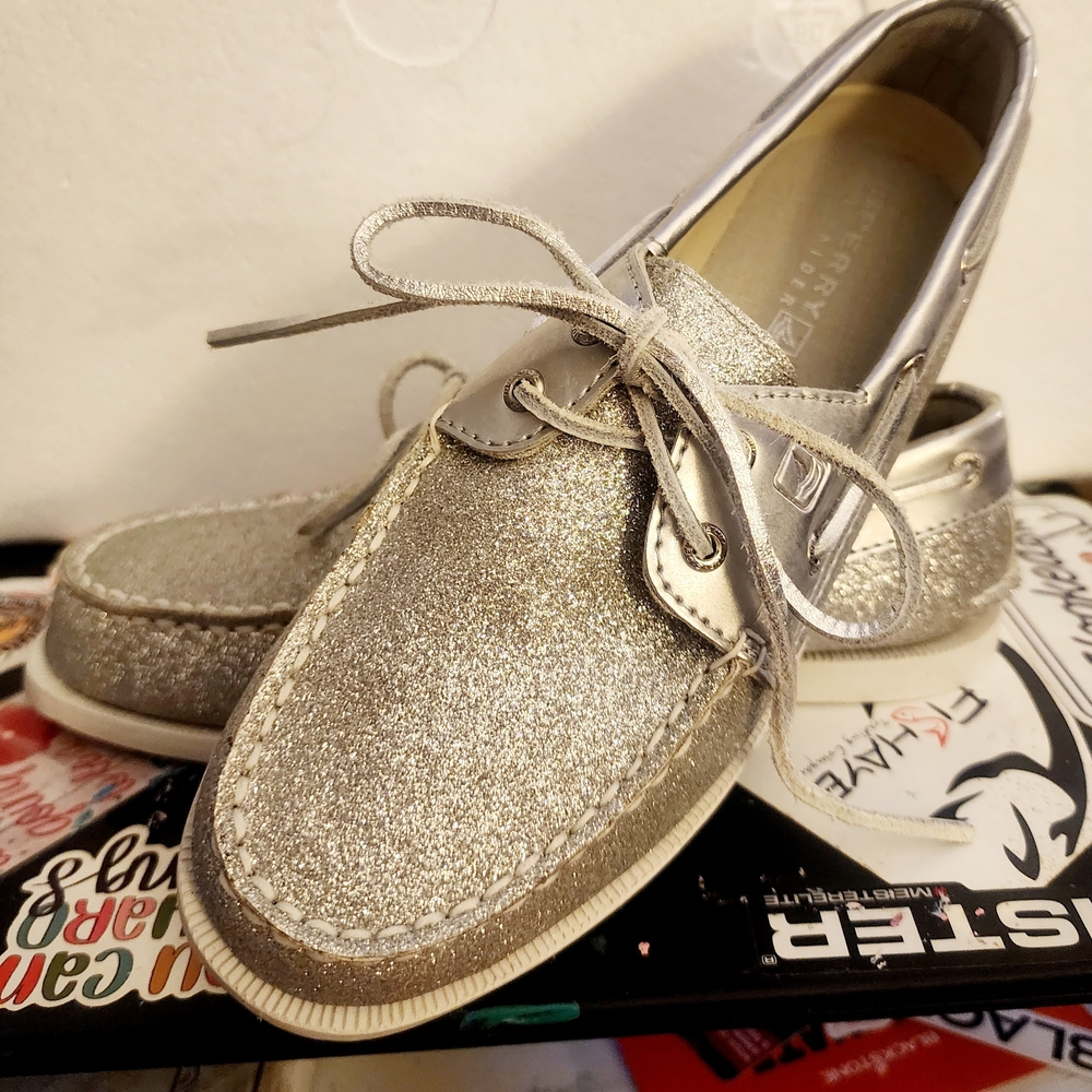 Kids Girls SPERRY Topsiders Silver Glitter Boat Shoes - Size 3 - Like New
